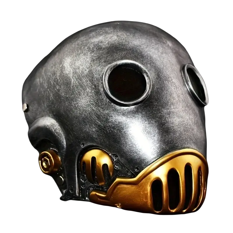Resin gas mask with elastic band design featuring a metallic matte finish silver top and gold lower grillwork