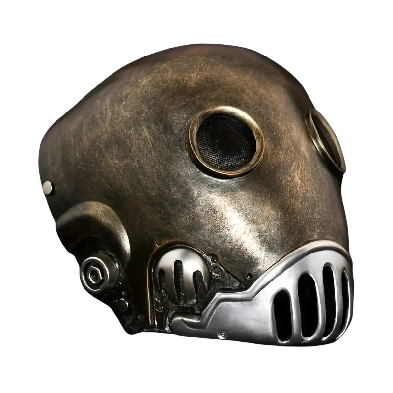 Resin gas mask with elastic band design featuring a vintage metallic bronze finish and silver accents