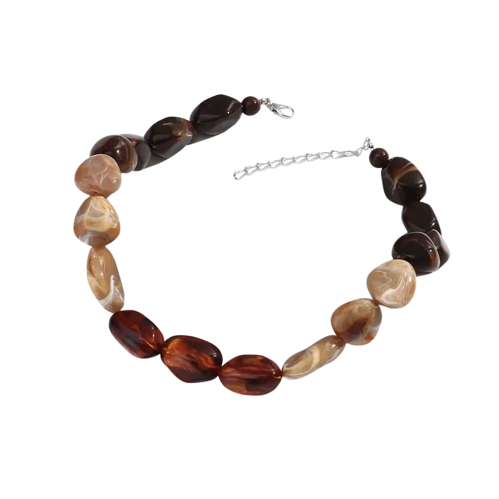 Resin geometric marbled beaded choker necklace featuring a brown and amber tiger eye stone with silver clasp