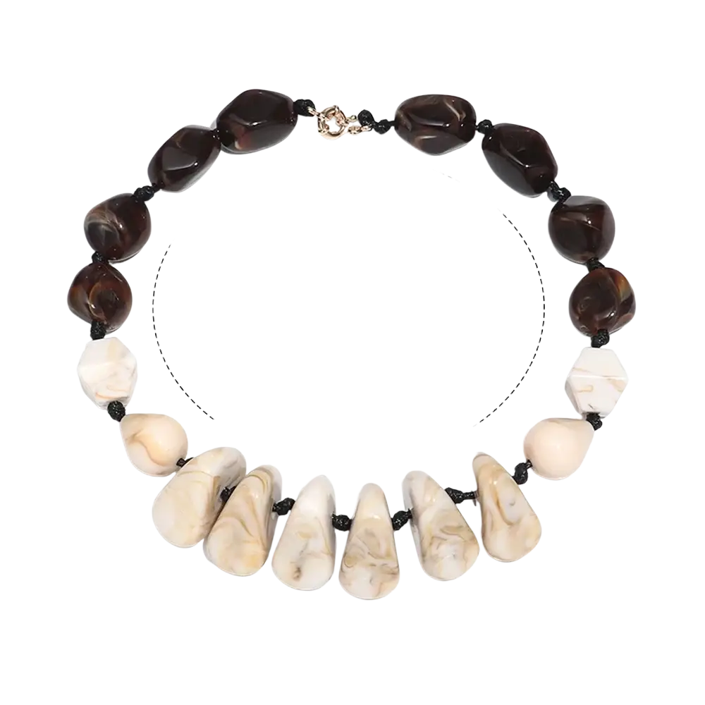 Resin geometric marbled beaded choker necklace with alternating dark brown and cream stone beads and gold clasp