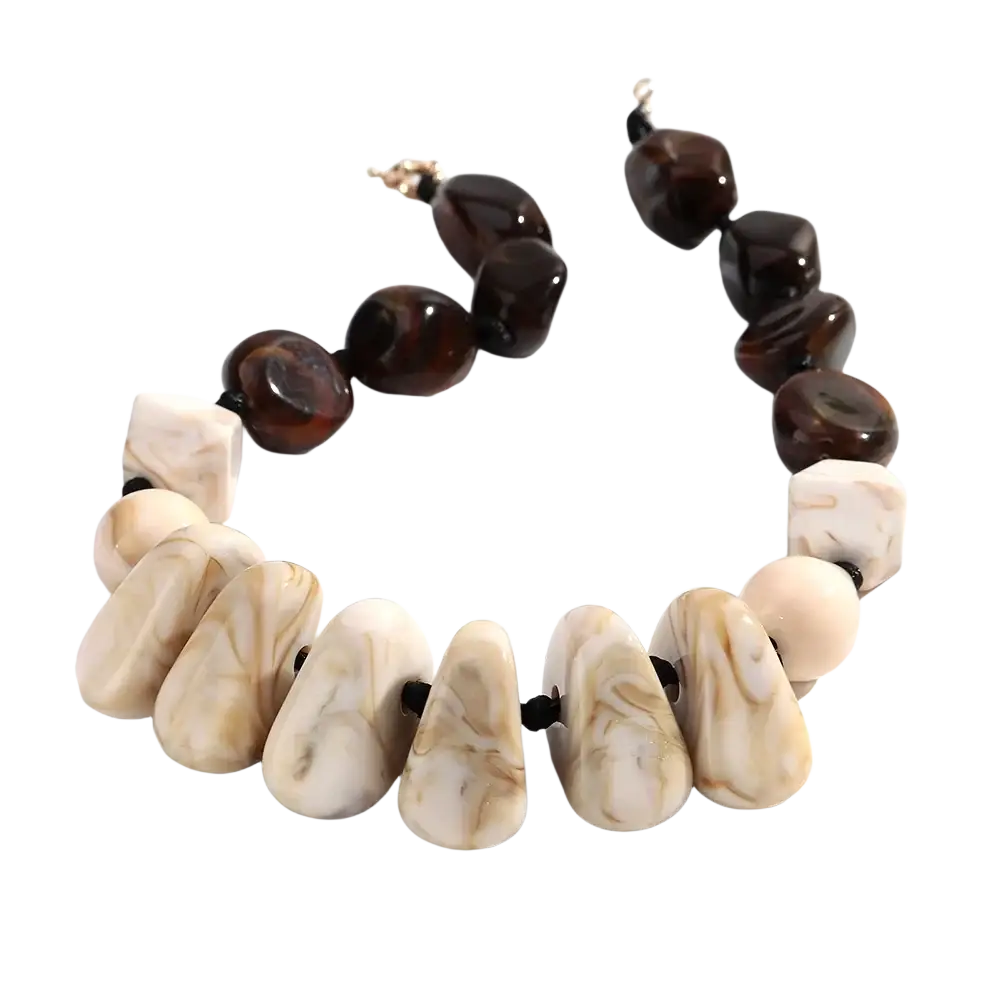 Resin geometric marbled beaded choker necklace with alternating dark brown glossy oval and cream marbled teardrop beads