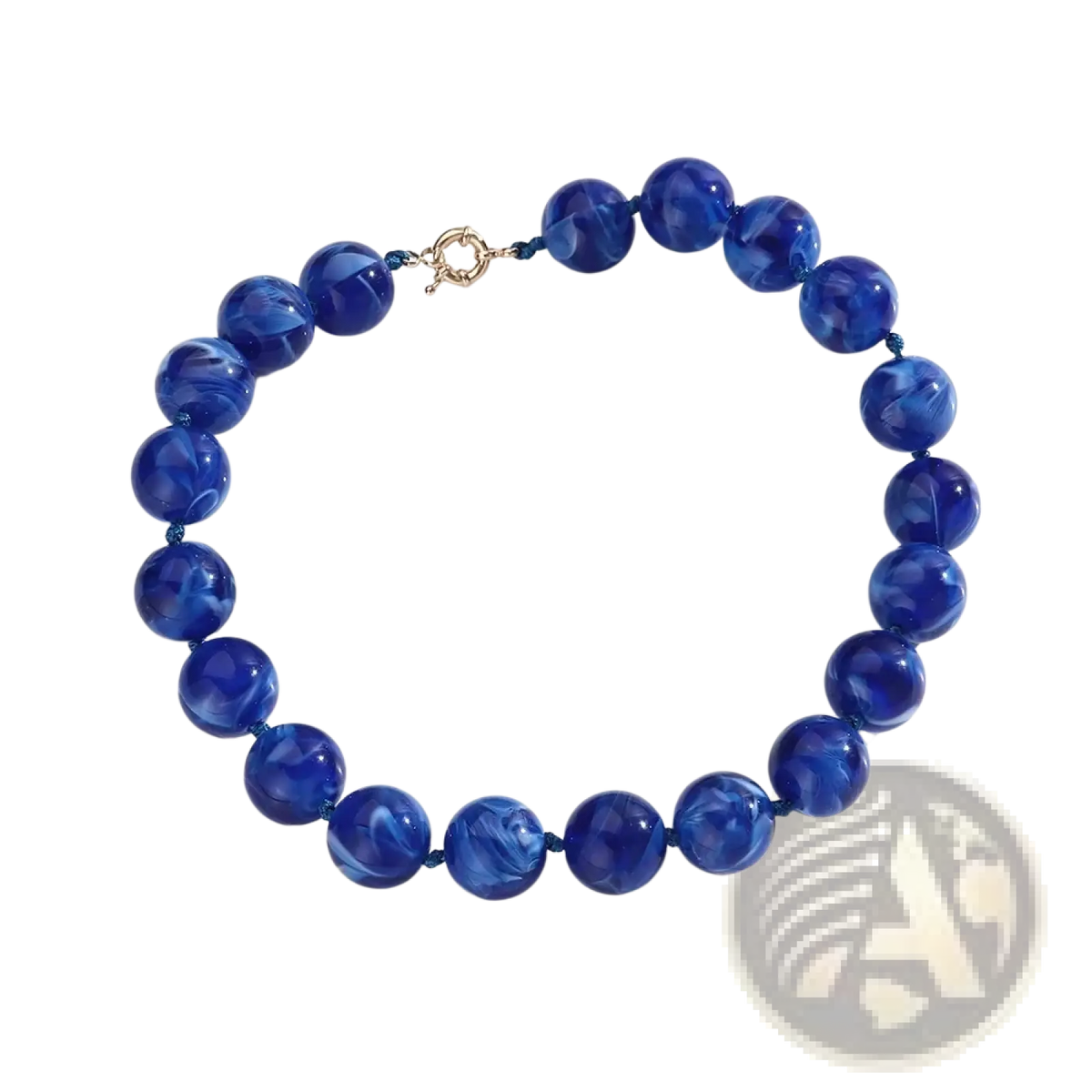 Resin geometric marbled beaded choker necklace in vibrant royal blue with swirling patterns and gold-toned clasp