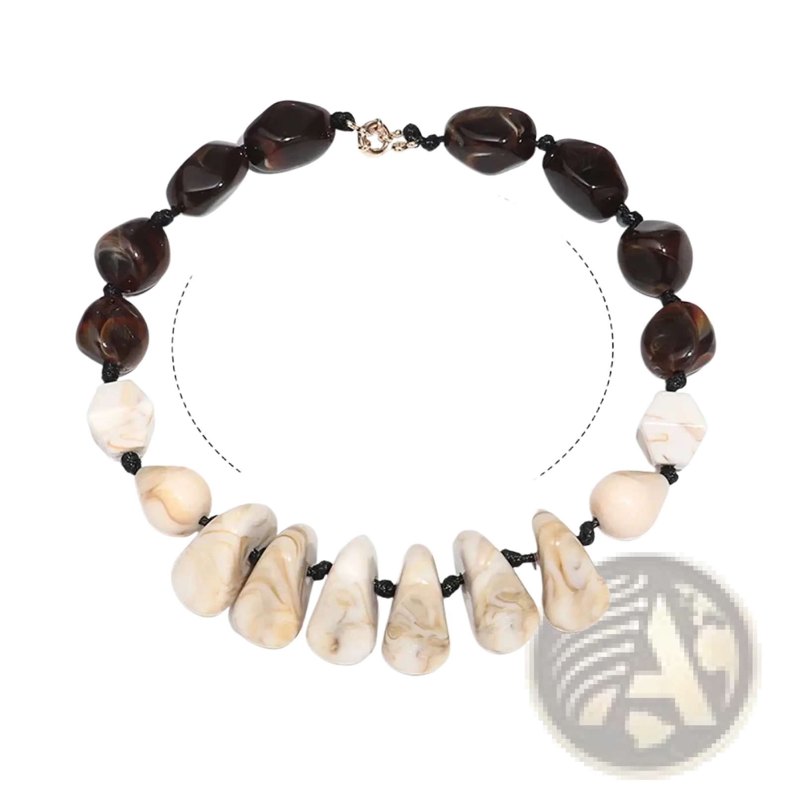 Resin geometric marbled beaded choker necklace with alternating dark brown and cream stone beads and gold clasp
