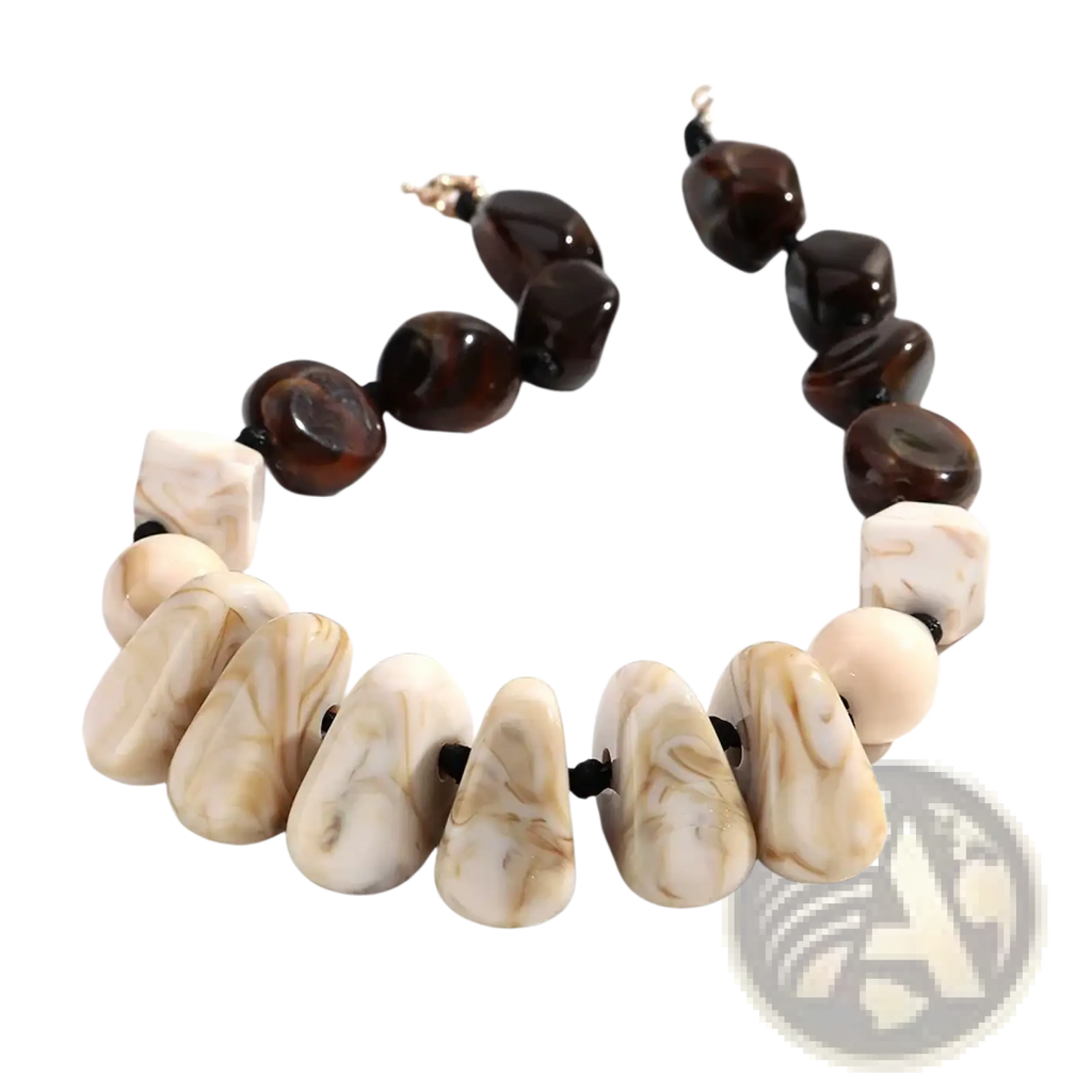 Resin geometric marbled beaded choker necklace with alternating dark brown glossy oval and cream marbled teardrop beads