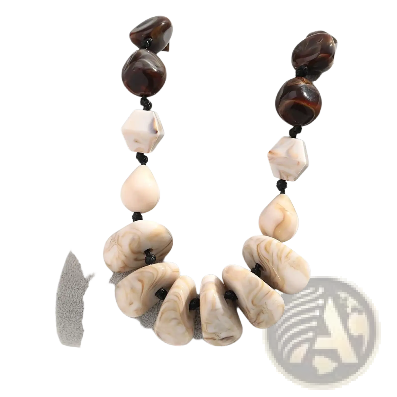 Resin geometric marbled beaded choker necklace with alternating dark brown glossy beads and cream-colored stones
