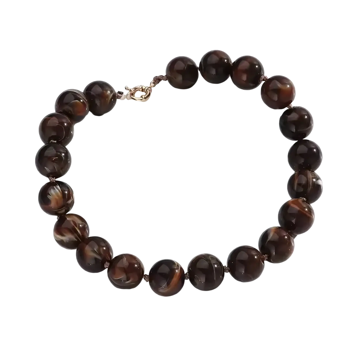 Resin geometric marbled beaded choker necklace featuring dark brown tiger eye beads with a gold-toned clasp