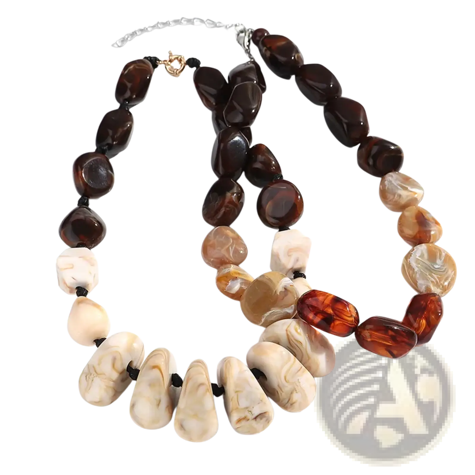 A resin geometric marbled beaded choker necklace with amber and cream resin beads on black cord with silver clasp
