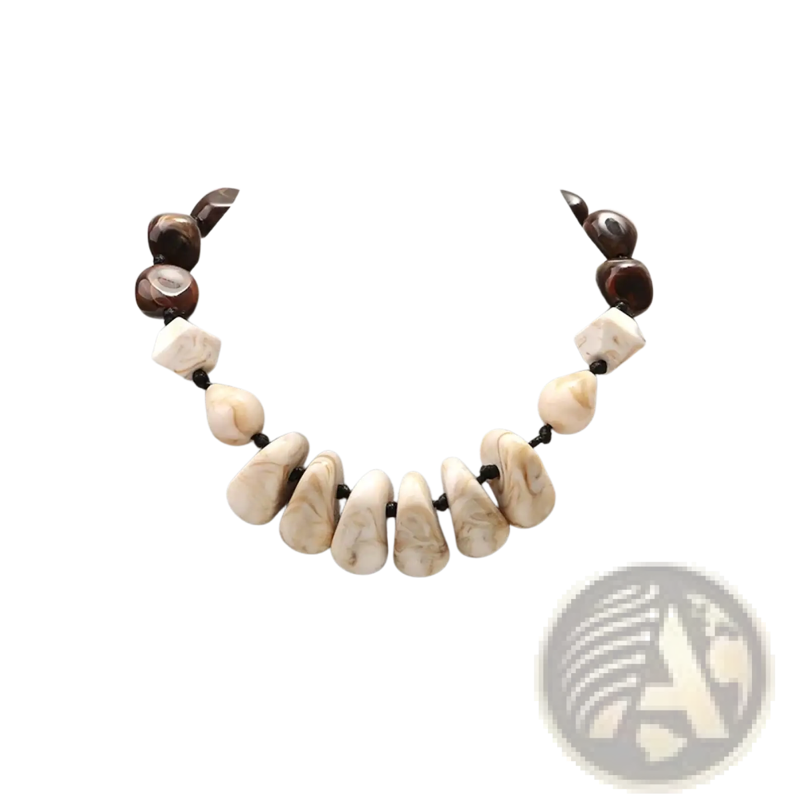 Resin geometric marbled beaded choker necklace with bold dark brown and cream teardrop resin beads in an organic design