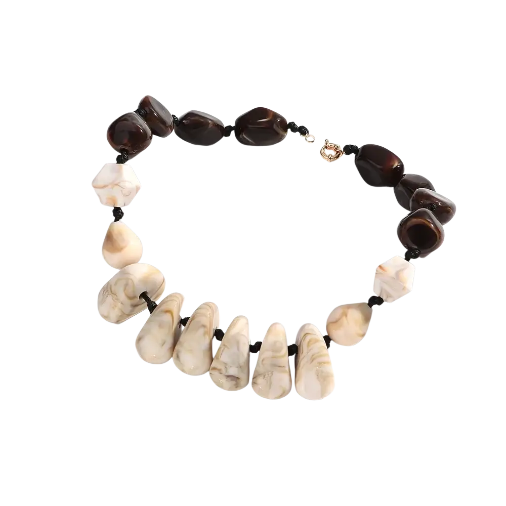 Resin geometric marbled beaded choker necklace with alternating dark brown and cream stone beads on black cord