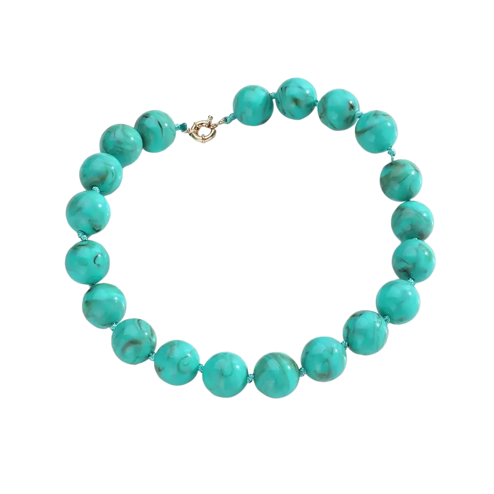 A turquoise resin geometric marbled beaded choker necklace with gold toned clasp displayed front side