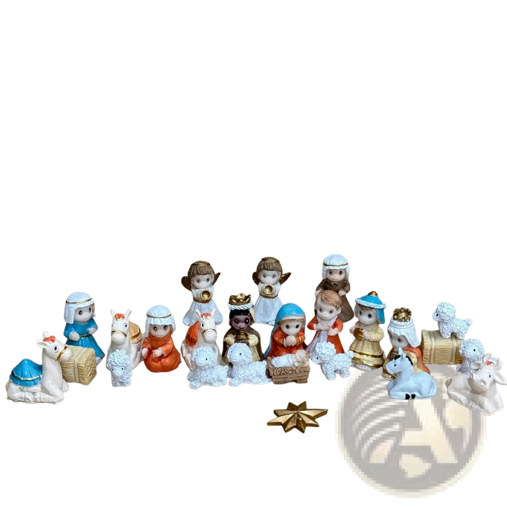 Resin nativity scene manger home decor set with miniature porcelain figurines in colorful robes around a central manger
