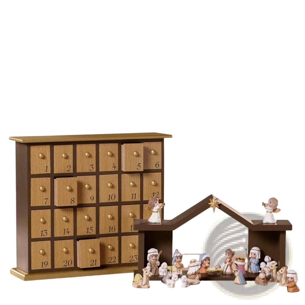 Resin nativity scene manger home decor set featuring wooden advent calendar with 25 numbered drawers and figurines