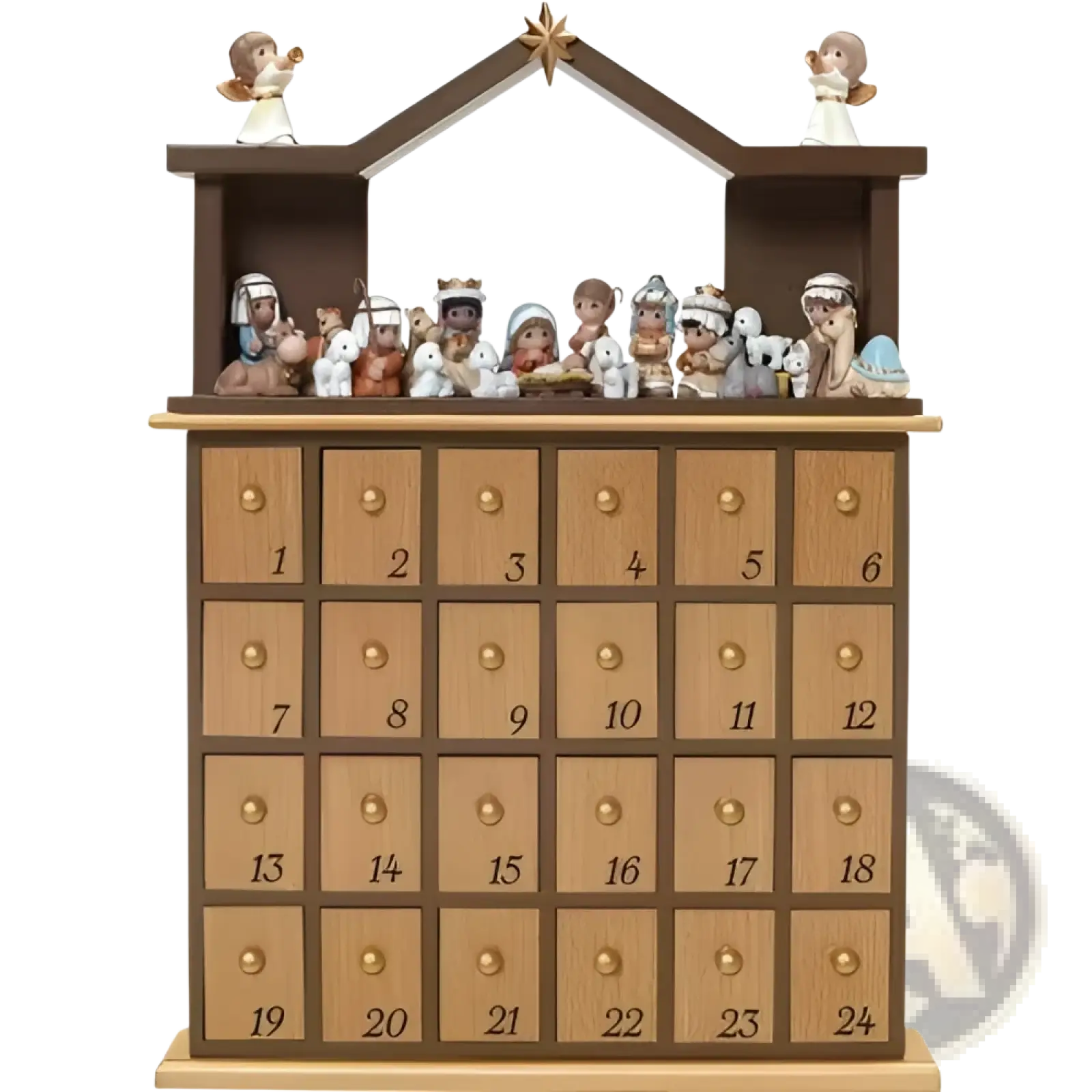 Wooden nativity-themed advent calendar with 24 numbered drawers topped by a star and two angel figurines for home decor