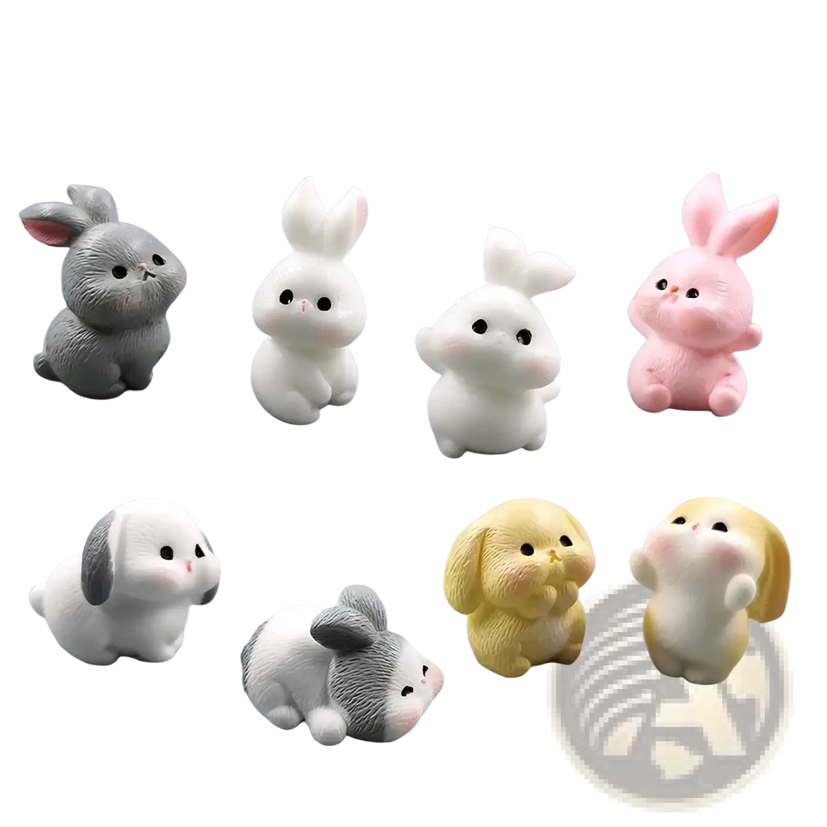 Set of eight resin rabbit figurines in pastel and gray colors with cute cartoonish features for Easter garden decor