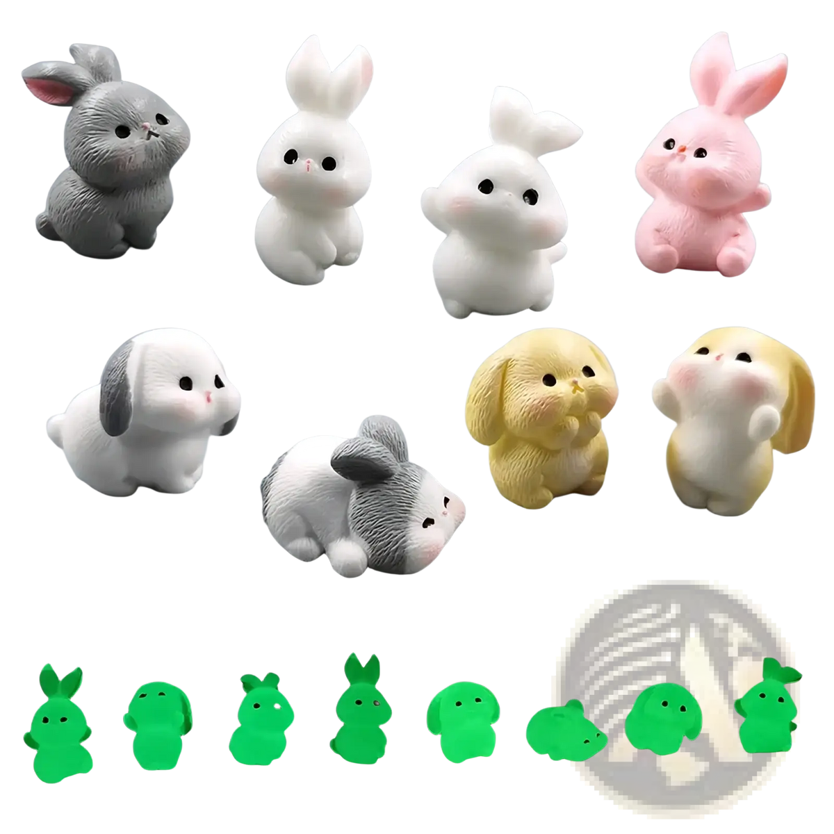 Adorable miniature resin rabbit figurines in soft pastel and gray tones with detailed facial features for garden decor