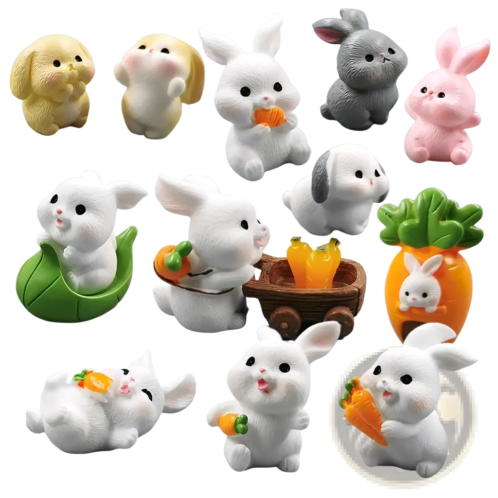 Resin white bunny figurine with black eyes and pink nose holding or surrounded by carrots for easter garden decor