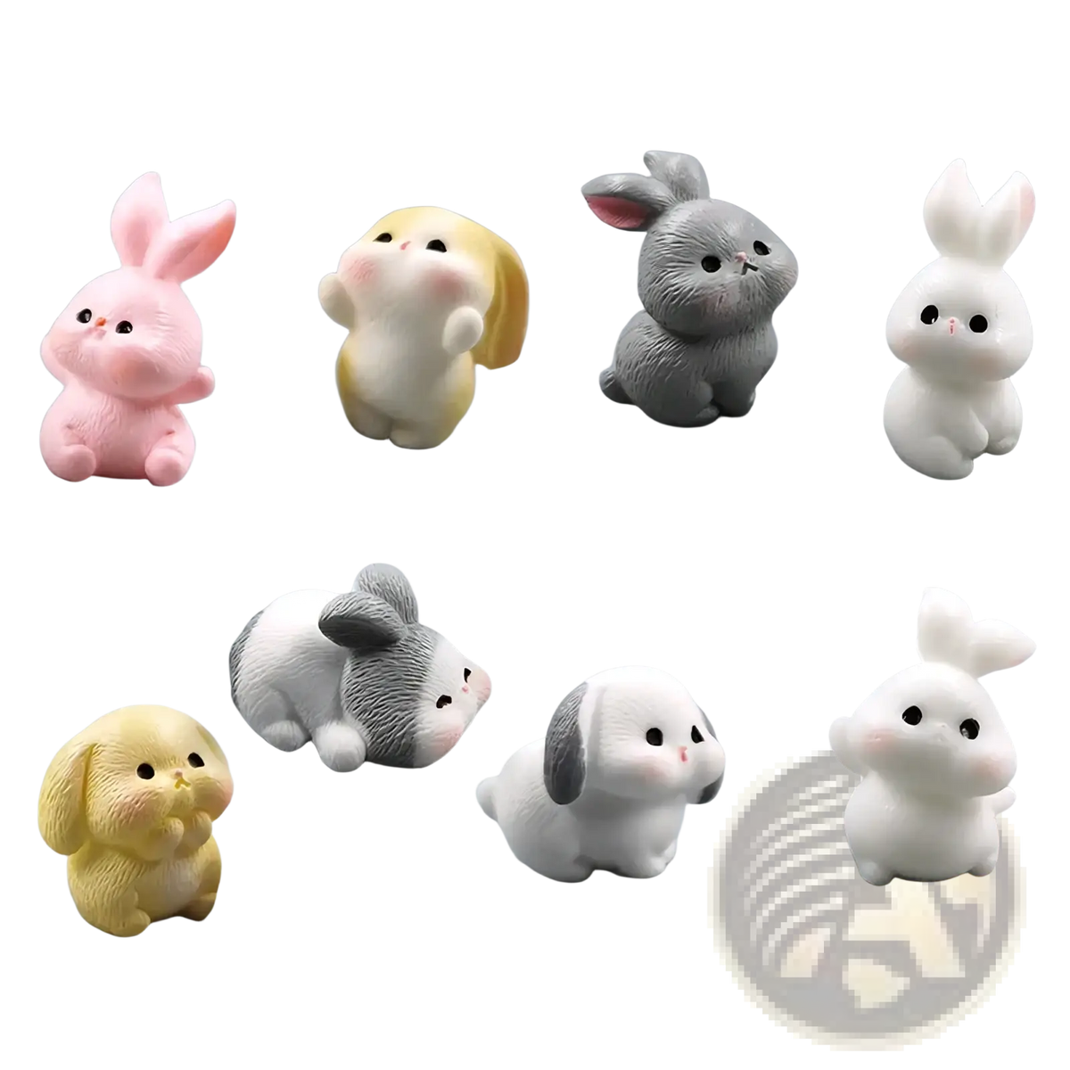 Cute pastel-colored resin rabbit figurines in pink yellow gray and white for Easter carrot miniature garden decor