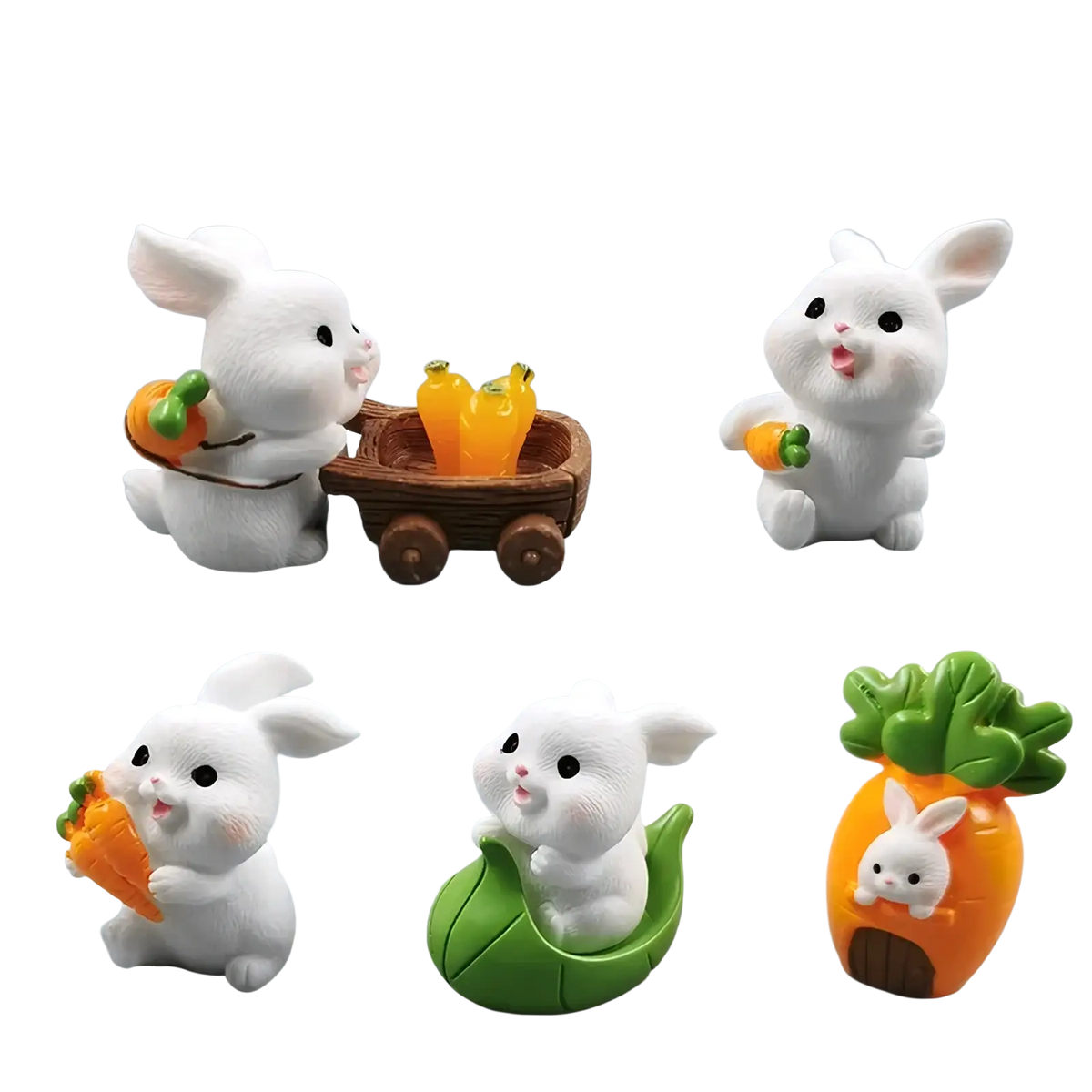 Set of eight white resin rabbit figurines in cute poses with carrots and greens for Easter garden decor