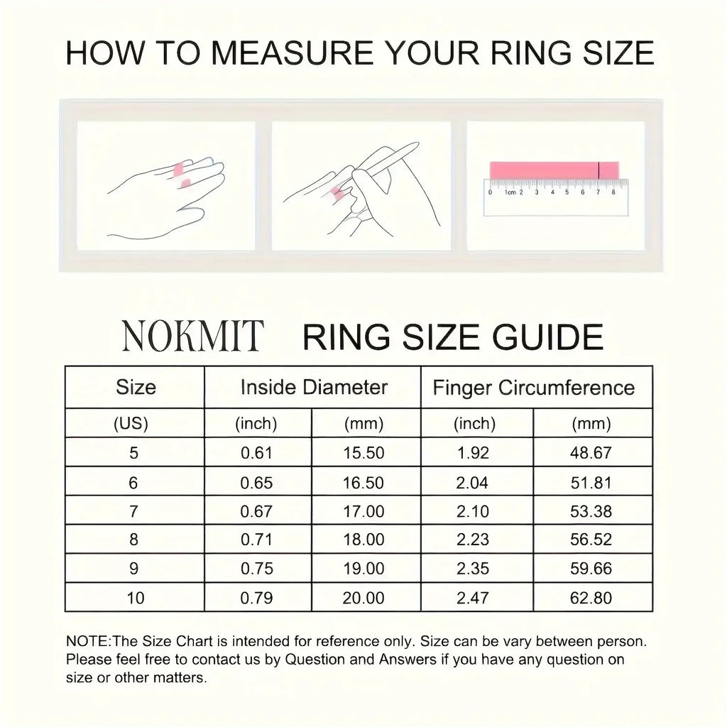 Nokmit ring size guide chart showing us sizes 5 to 10 in inches and millimeters for bohemian retro style resin stackable ring set