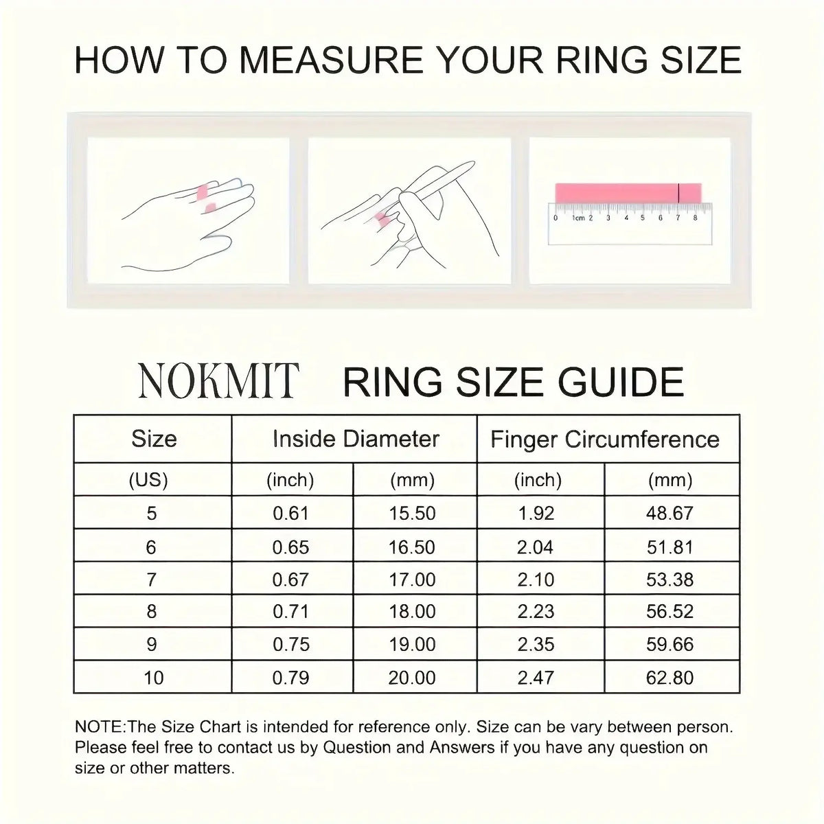 Nokmit ring size guide chart showing us sizes 5 to 10 in inches and millimeters for bohemian retro style resin stackable ring set