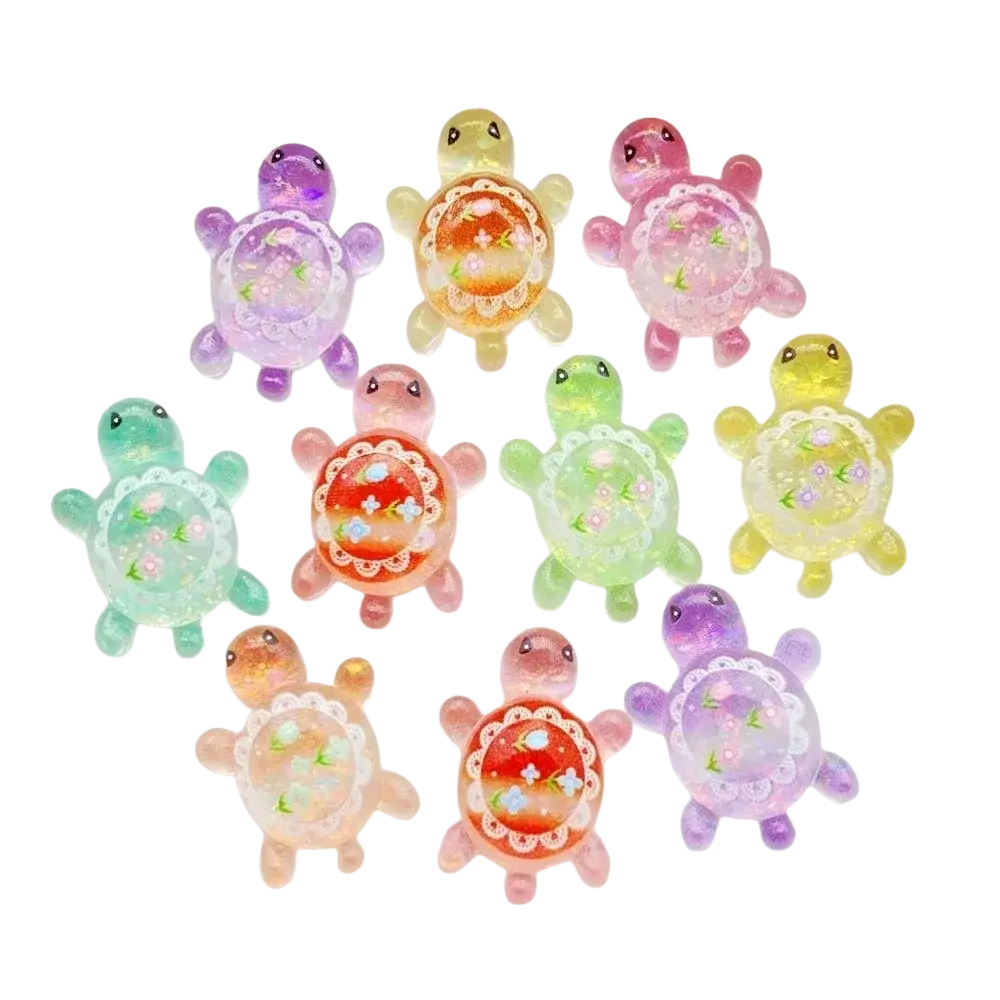 Colorful translucent resin turtle flatback charms with floral designs and lace-like borders 10 pack