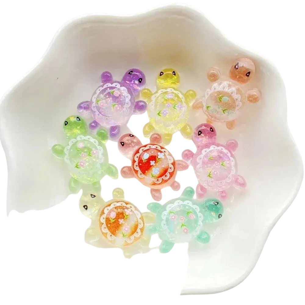 Colorful translucent resin turtle flatback charms with delicate floral patterns and lace-like detailing 10 pack