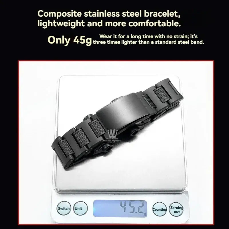 Black composite stainless steel resin watch band with textured links and sleek lightweight design for matching display