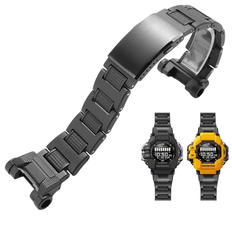 Black lightweight stainless steel resin watch band with textured interlocking links for g-shock gpr-h1000 matching display