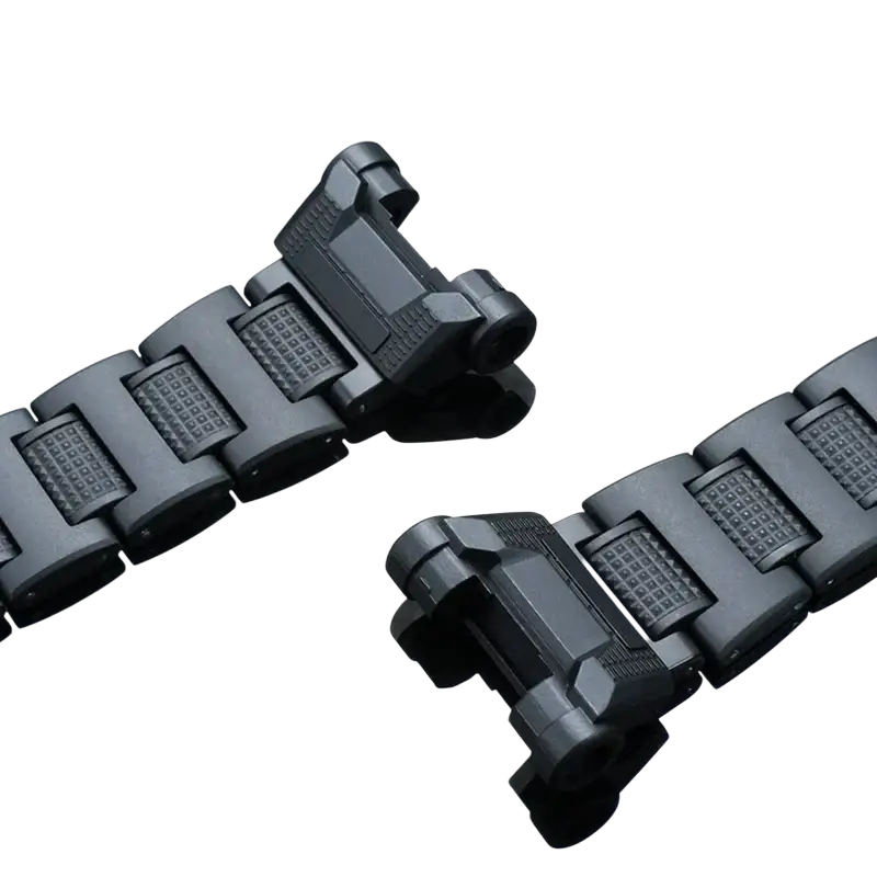 Black resin tactical watch band with matte textured links and robust clasp for g-shock gpr-h1000 matching display