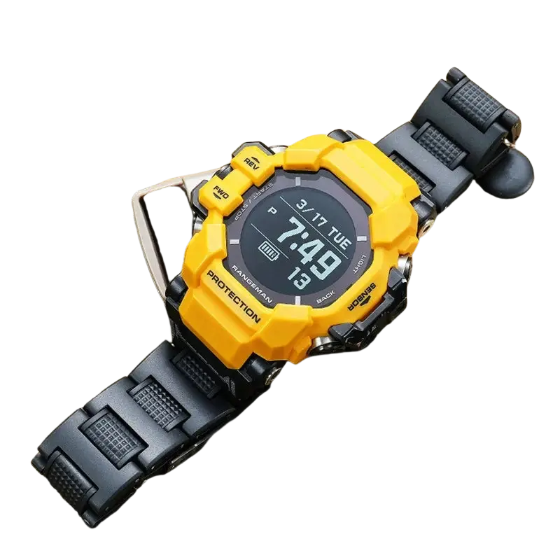 Yellow and black digital sports watch with rugged resin watch band for g-shock gpr-h1000 matching display
