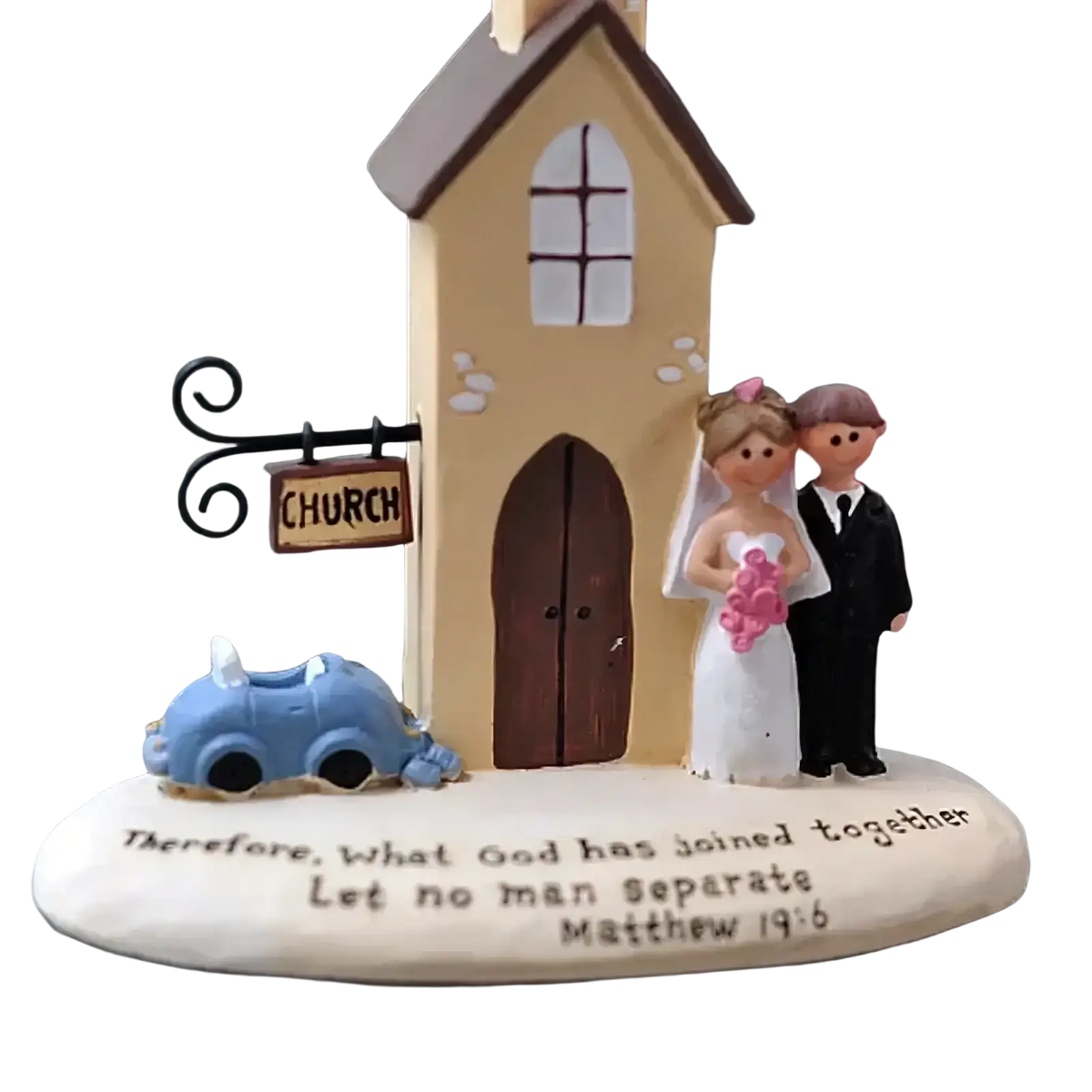 Beige resin wedding church figurine with brown roof bride and groom beside blue car engraved anniversary gift base