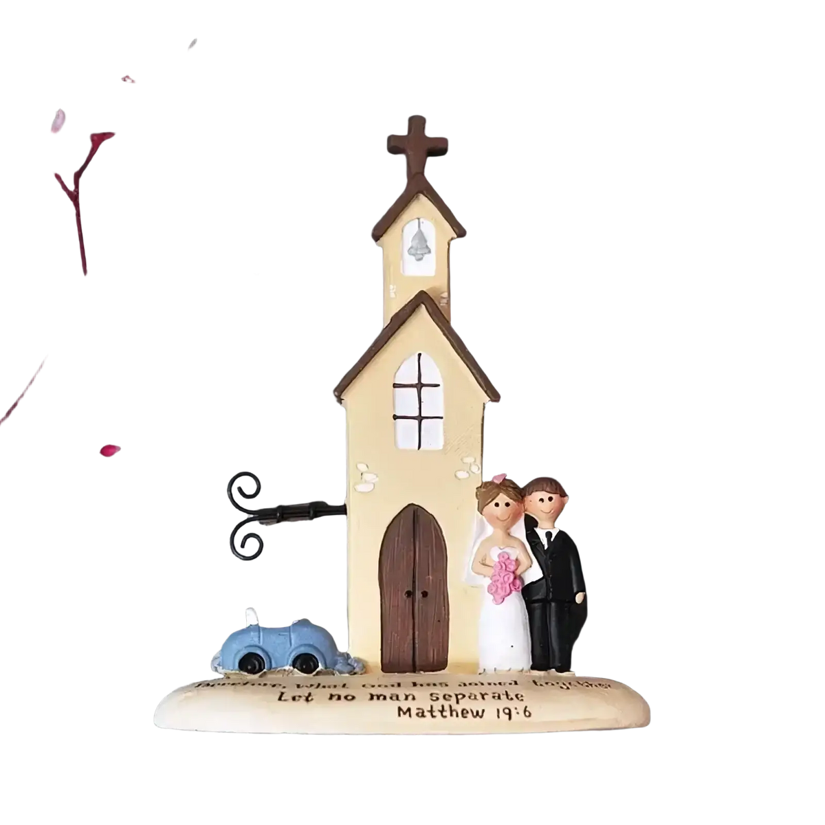 Cream-colored resin wedding church figurine with brown roof and miniature bride and groom for anniversary gift