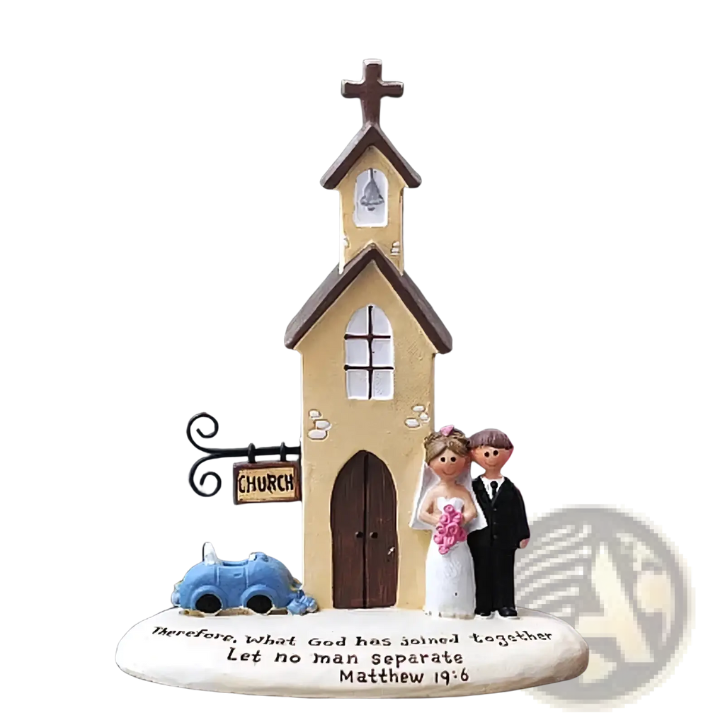 Resin wedding church figurine in yellow and brown with bride groom and engraved biblical verse on base anniversary gift