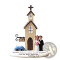 Resin wedding church figurine in yellow and brown with bride groom and engraved biblical verse on base anniversary gift