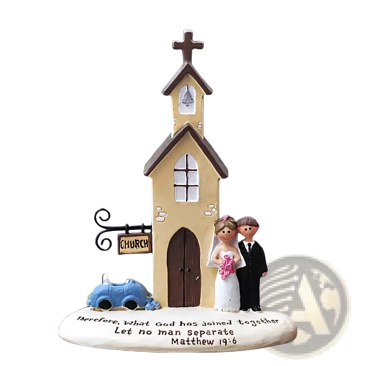 Resin wedding church figurine in yellow and brown with bride groom and engraved biblical verse on base anniversary gift