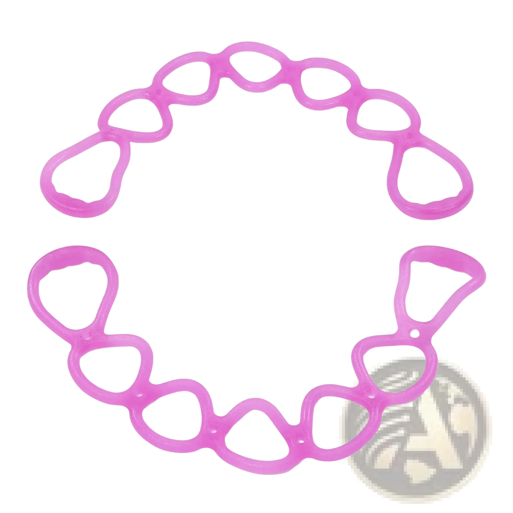 Pink silicone dental aligner trainer with a flexible interlocking design shown alongside purple resistance band 7 hole yoga pull rope