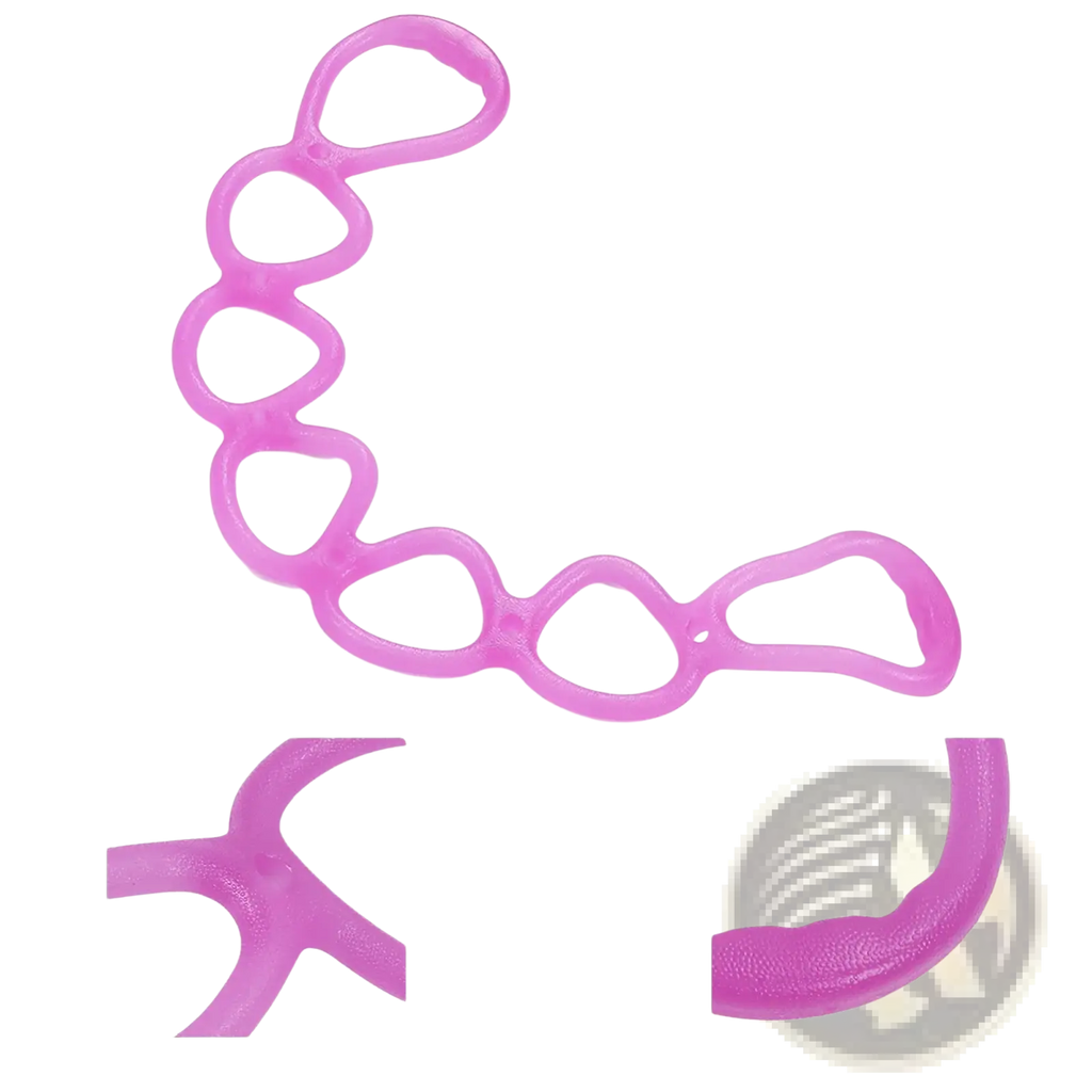 Pink silicone finger stretchers with flexible segmented design shown with resistance band 7 hole yoga pull rope purple