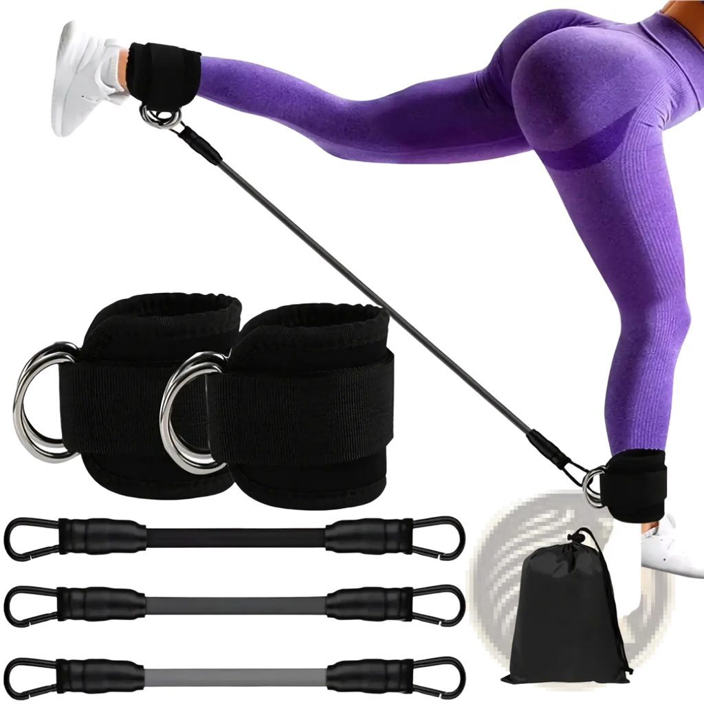 Black resistance band ankle strap set with adjustable cuffs and three elastic bands for glute workout exercises