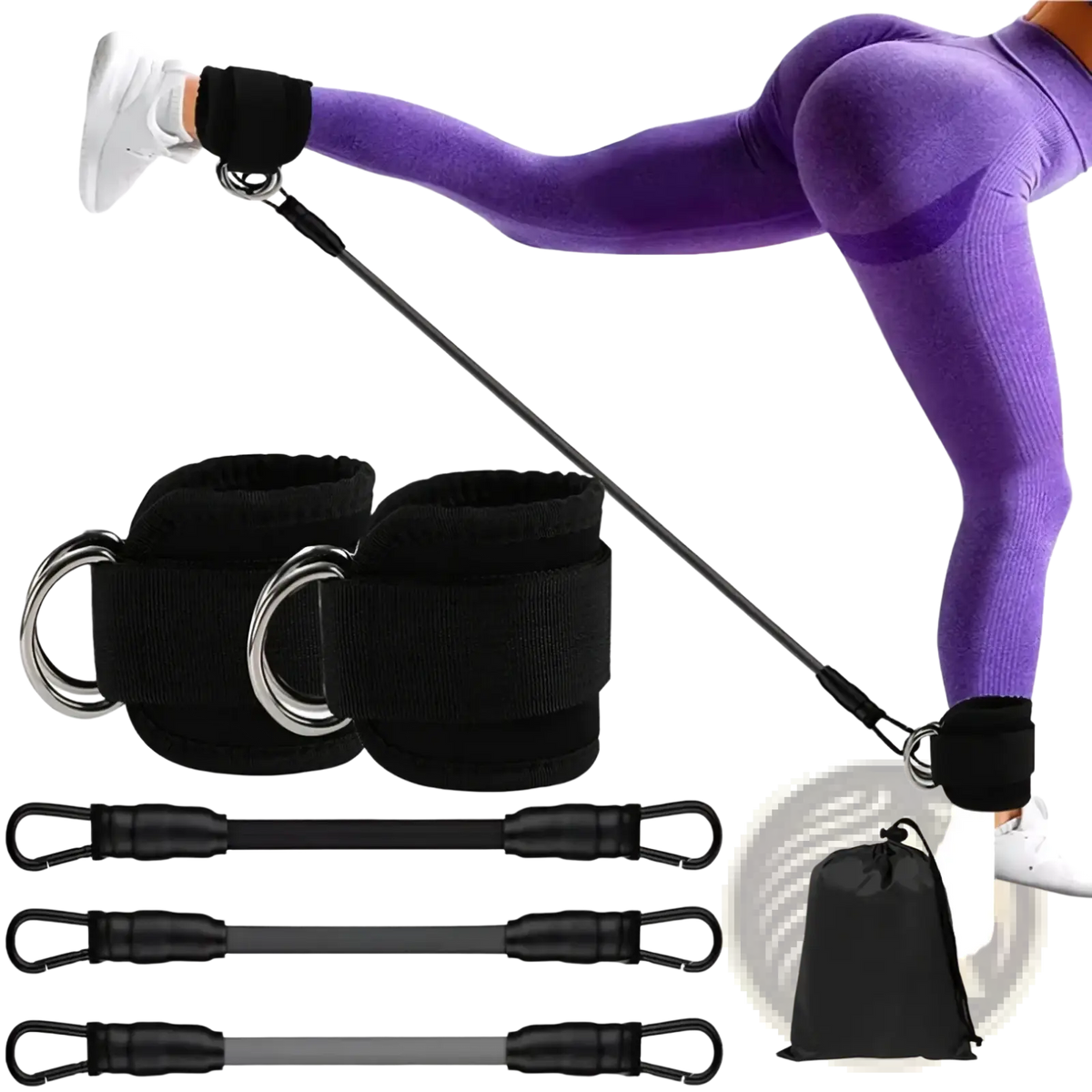 Black resistance band ankle strap set with adjustable cuffs and three elastic bands for glute workout exercises