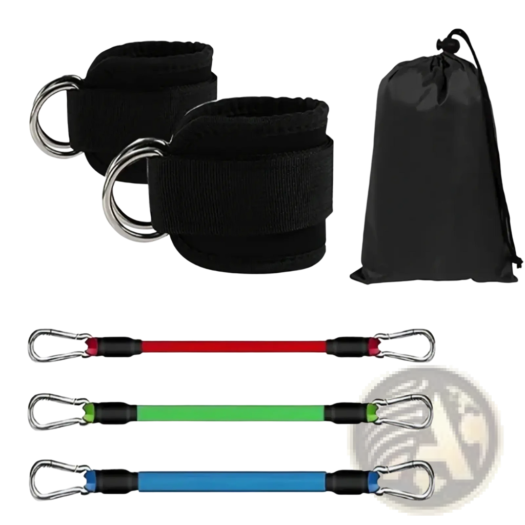 Resistance band ankle strap set with black neoprene, silver metal d-rings, and matching drawstring storage bag for glute workout