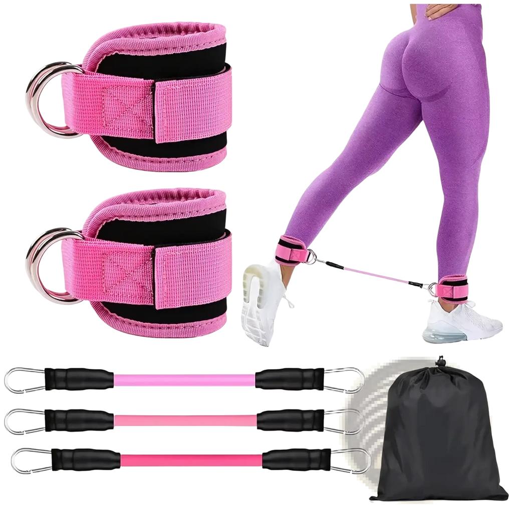 Resistance band ankle strap set with pink and black cuffs and metal rings, including matching pink elastic bands for glute workouts
