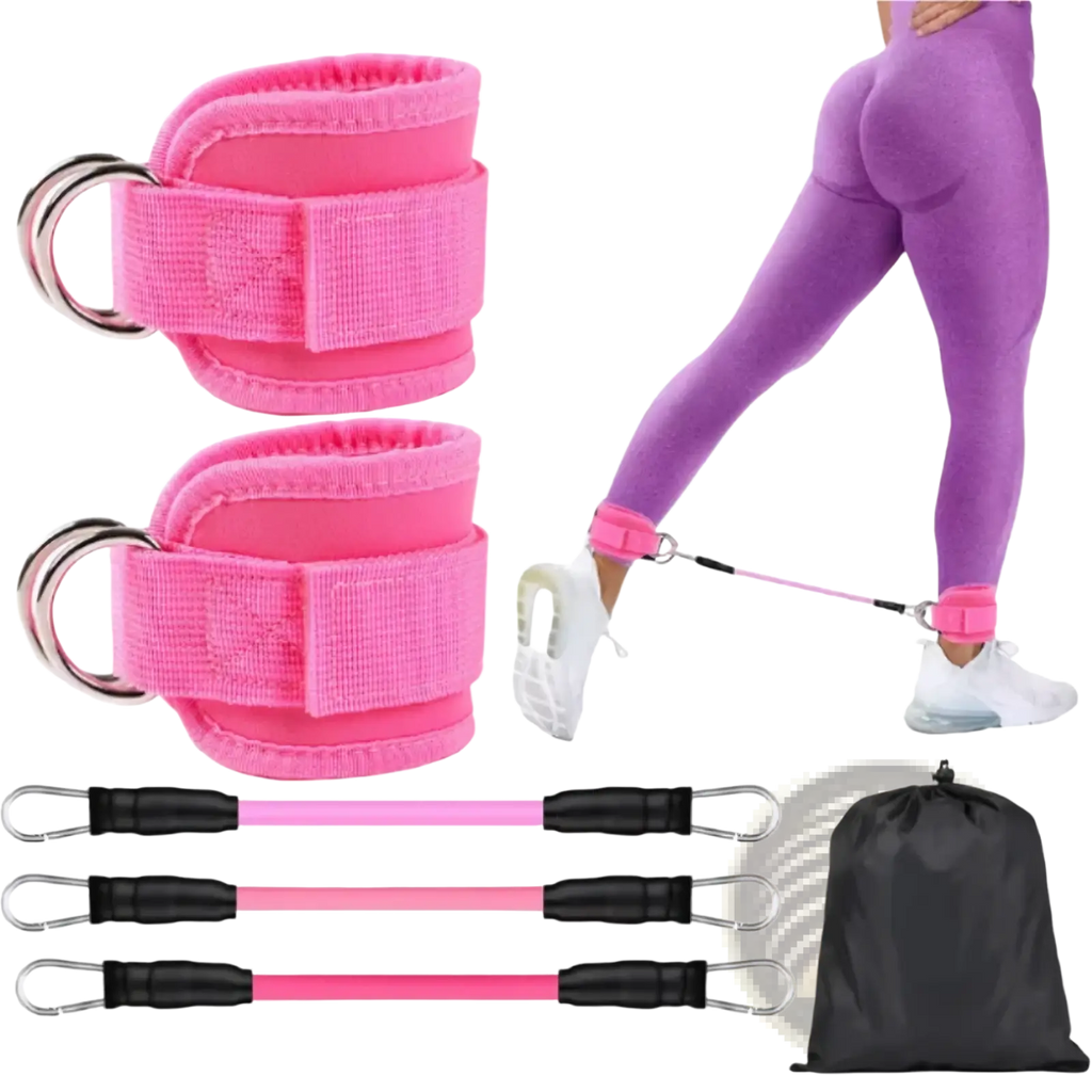 Resistance band ankle strap set with pink cuffs silver metal rings and black handles for glute workout shown in a set of three
