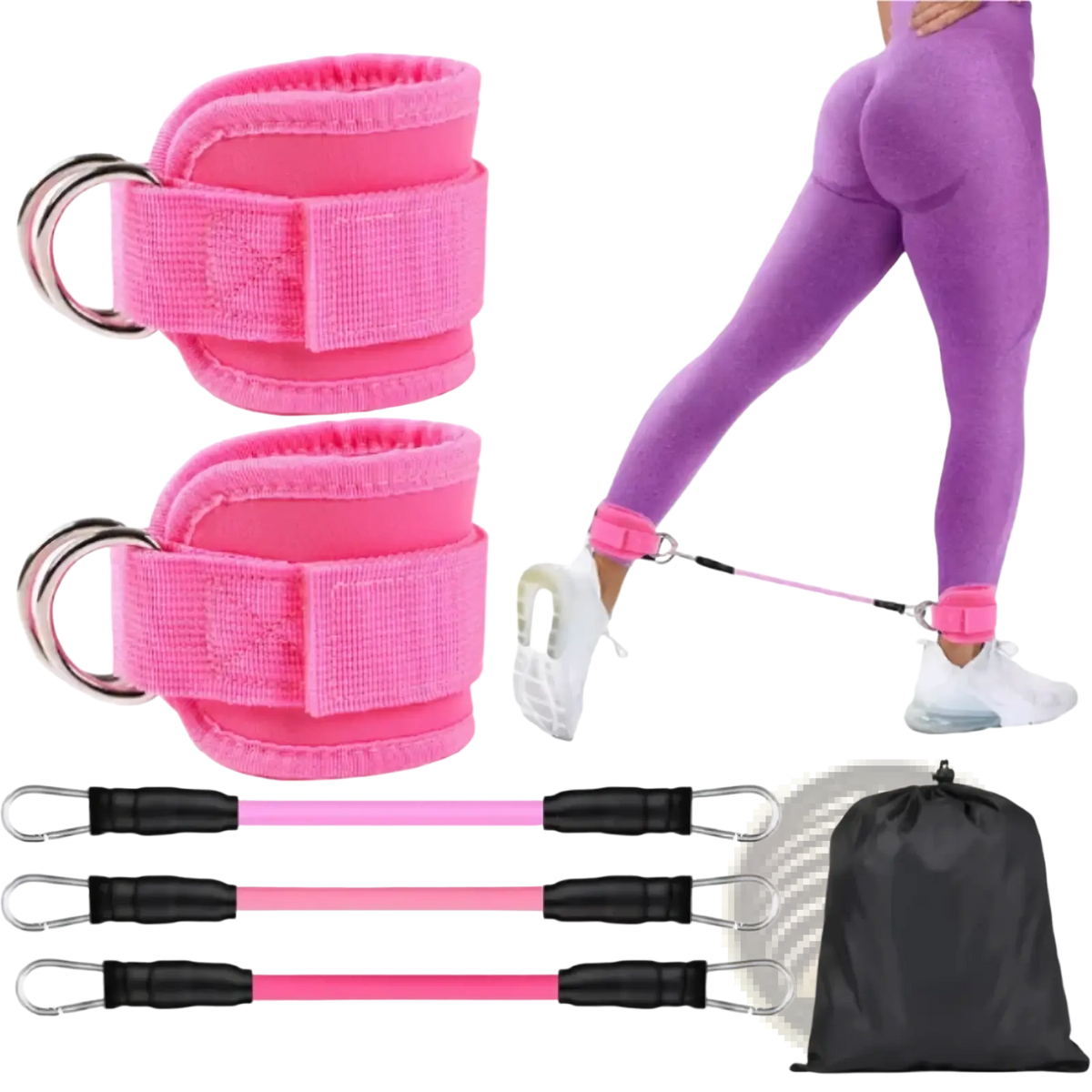 Resistance band ankle strap set with pink cuffs silver metal rings and black handles for glute workout shown in a set of three
