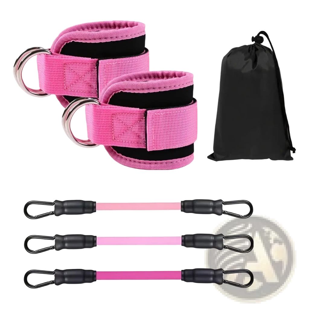 Resistance band ankle strap set with pink cuffs featuring black accents and silver rings plus three pink resistance bands 10lb 20lb 30lb