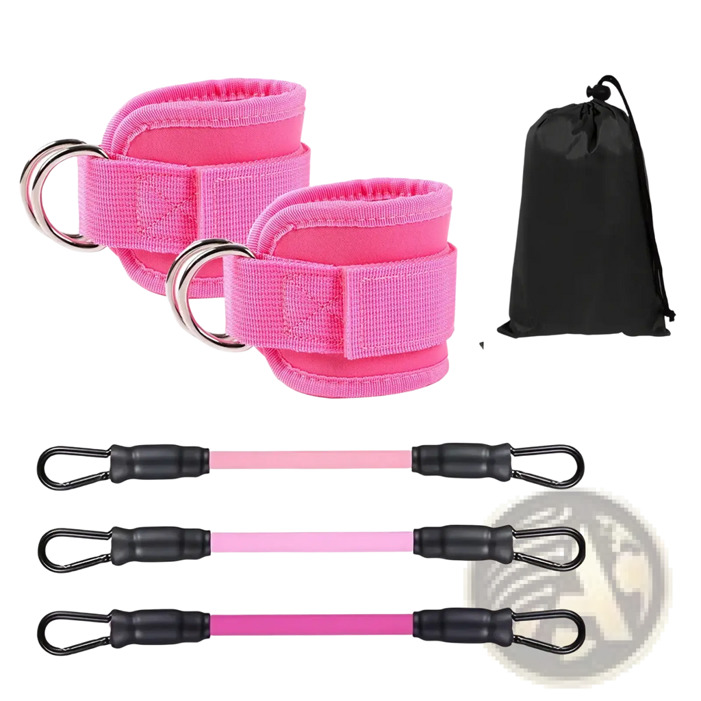 Pink fabric resistance band ankle strap set with silver metal rings in 10 20 30 pound options for glute workout
