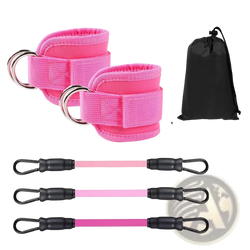 Pink fabric resistance band ankle strap set with silver metal rings in 10 20 30 pound options for glute workout