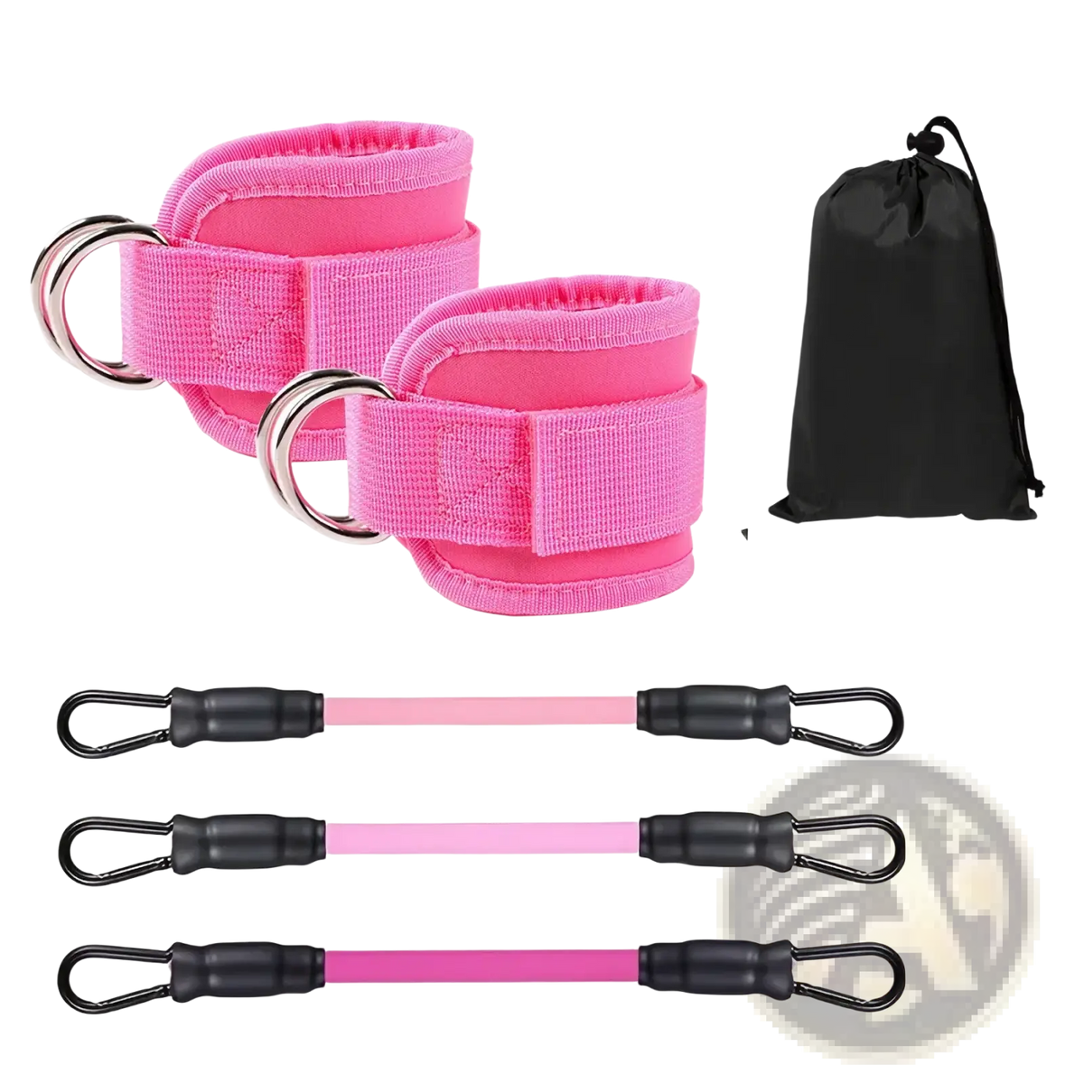Pink fabric resistance band ankle strap set with silver metal rings in 10 20 30 pound options for glute workout