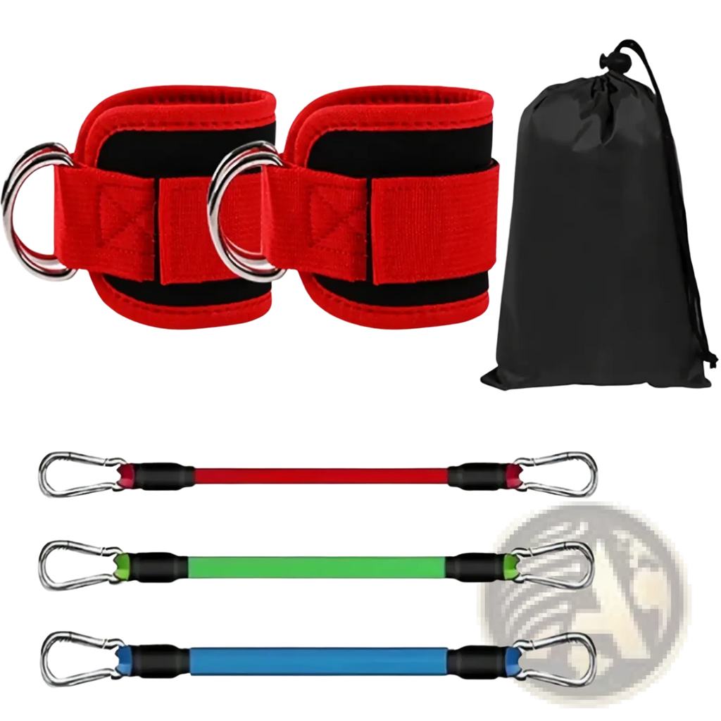 Resistance band ankle strap set with red and black fabric ankle weights and red green blue elastic bands for glute workouts