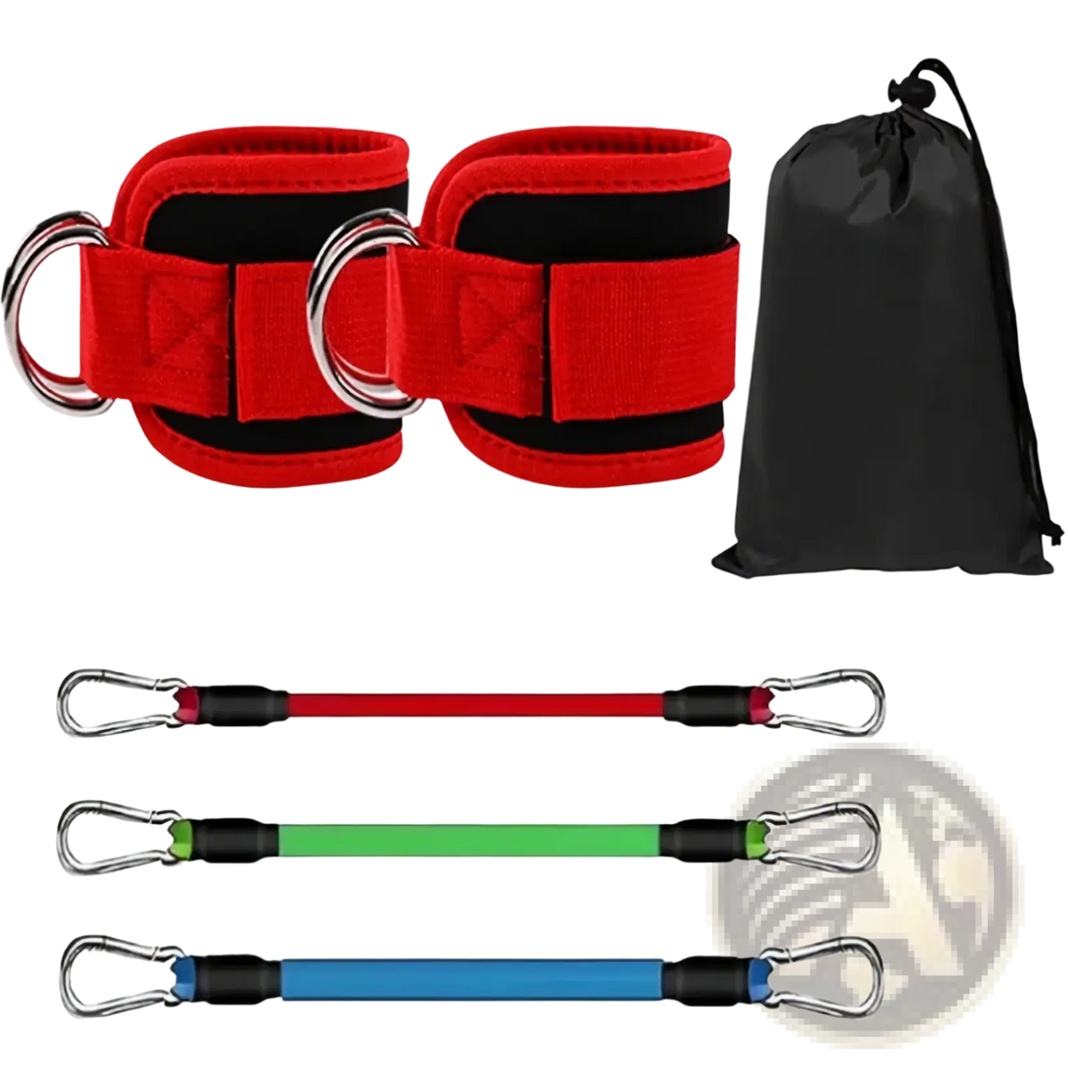 Resistance band ankle strap set with red and black fabric ankle weights and red green blue elastic bands for glute workouts