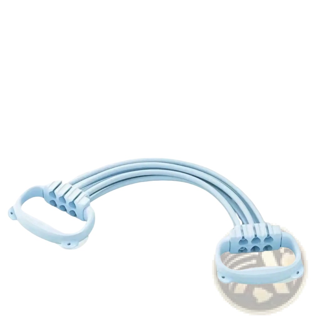 Light blue three-strand resistance band with detachable tubes and bear handles featuring molded plastic grips